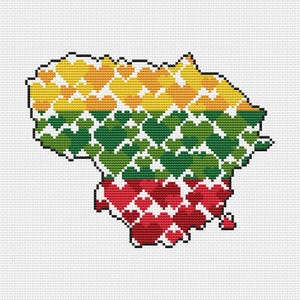 May include: A pixelated map of Lithuania, filled with hearts in the colors of the Lithuanian flag: yellow, green, and red. The design is reminiscent of cross-stitch or embroidery, with a white background.