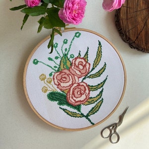 Flowers cross stitch pattern Garden primitive roses counted chart Pink easy roses folk floral embroidery Simple red summer flowers Nature