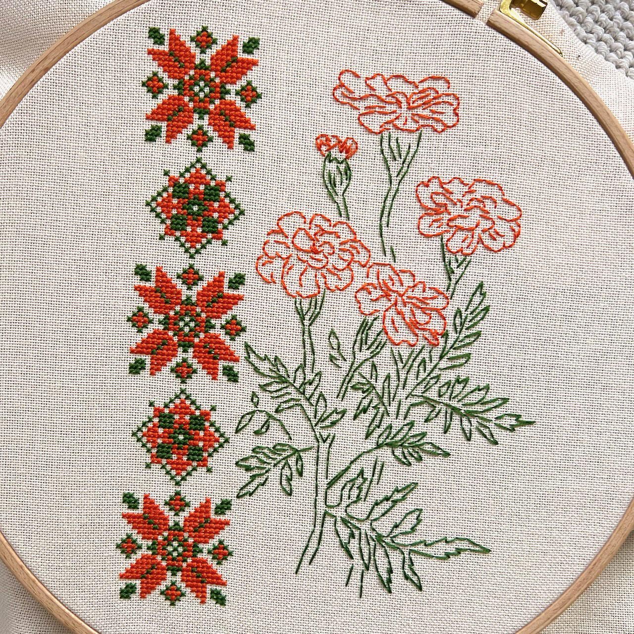 Marigold Cross Stitch Pattern: Floral Ornament Blackwork Flower