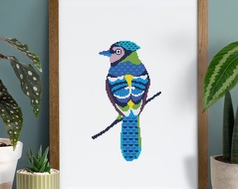 Blue jay cross stitch pattern modern jay counted chart Primitive forest bird embroidery Easy simple cross stitch Pattern PDF