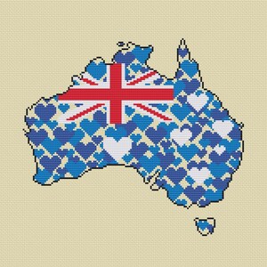 May include: A blue and white map of Australia with a red, white, and blue Australian flag in the center. The map is made up of small hearts.