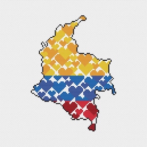 Puede incluir: Imagen pixelada del país de Colombia, llena de formas de corazón. La sección superior es amarilla y naranja, la del medio es azul y la inferior es roja, representando los colores de la bandera colombiana.