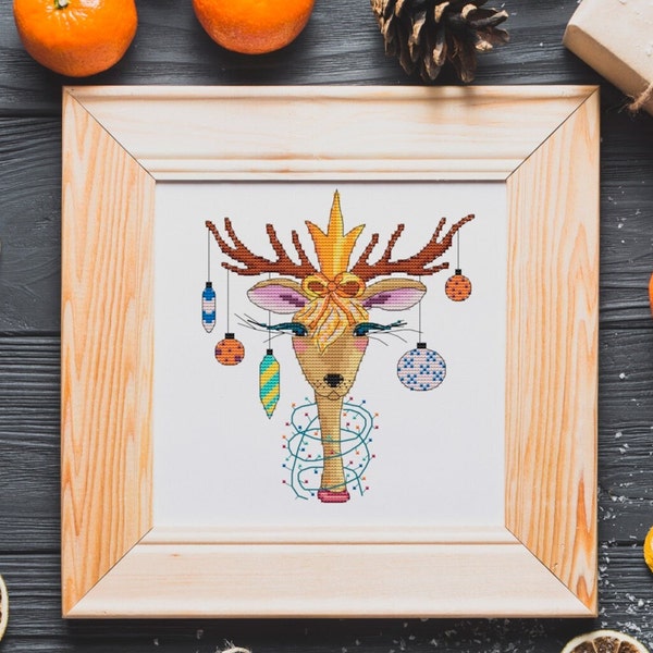 Christmas deer cross stitch pattern Funny deer pdf counted chart Cute deer winter embroidery Christmas ideas for gift New Year cross stitch