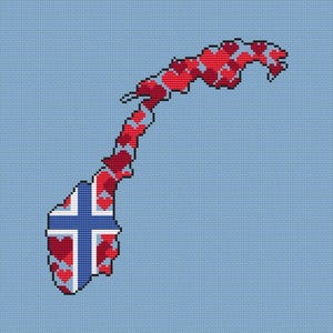 May include: A cross-stitch pattern of the outline of Norway, filled with red hearts and the Norwegian flag in the lower portion of the map.