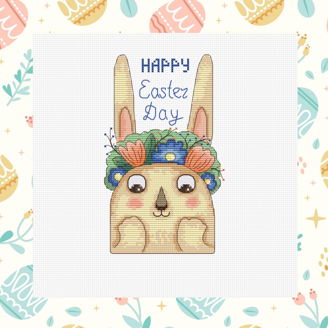 Easter Happy Bunny Cross Stitch Pattern Rabbit With Flowers Counted ...