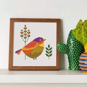 Cute bird cross stitch pattern Primitive folk bird counted chart colorful embroidery Modern easy spring bird PDF pattern Polly cross stitch