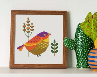 Patrón de punto de cruz de pájaros coloridos: Polly, bordado moderno (PDF) Gráfico con el número de pájaros de estilo folclórico primitivo