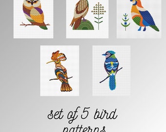 Bird cross stitch pattern Set of 5 funny forest bird Owl Falcon Quail Hoopoe Jay Nature counted chart Folk primitive embroidery