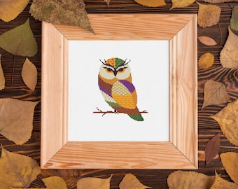 Folk Owl Cross Stitch Pattern: Primitive Bird Chart PDF Wild life forest ornament scheme