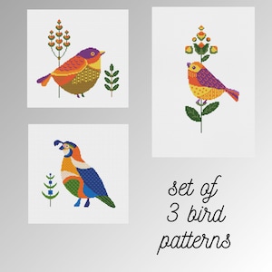 Vogel Kreuzstich Stickmuster Set Vögel Einfach lustig Waldvogel Primitive moderne folkloristische Stickerei Wachtel kleiner Vogel PDF download Stickvorlage