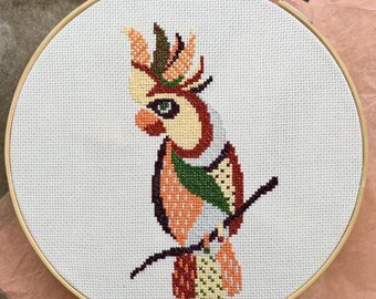Parrot Cross Stitch Pattern: Tropical yellow Bird Embroidery Ornament folk Funny Cockatoo scheme Animal