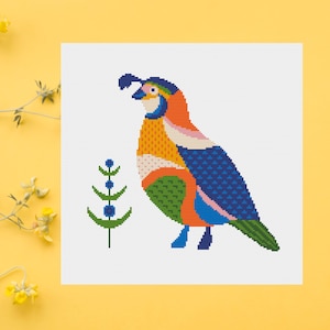 Quail cross stitch pattern Folk forest bird counted chart Primitive California Quail cross stitch pattern Funny easy bird embroidery