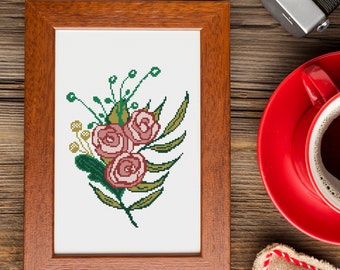Flowers cross stitch pattern Garden primitive roses counted chart Pink easy roses folk floral embroidery Simple red summer flowers Nature