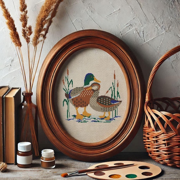 Ducks cross stitch pattern Folk pair bird Primitive PDF embroidery