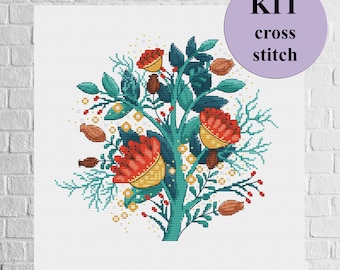 Zestaw do haftu krzyżykowego z motywem kwiatowym, kwiaty w stylu ludowym, haft w kolorze czerwonym i turkusowym, magiczny kwiat DIY, prymitywny