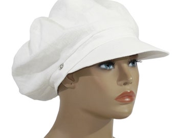 Chapeau en lin pour femmes, chapeau ballon, casquette à visière, chapeau d'été, chapeau look superposé, chapeau de chimio boho, blanc crème, blanc laine, sur mesure