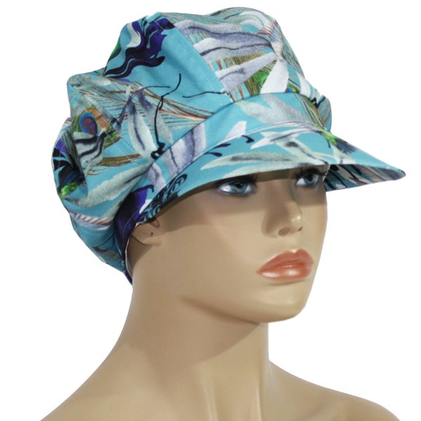 Casquette ballon femme, casquette à visière, chapeau d'été, chapeau look superposé, chapeau chimio bohème, tons bleu turquoise, martin pêcheur sur mesure