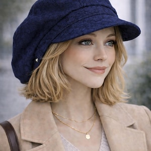 Cappellino a palloncino da donna, cappellino di transizione, berretto con visiera, tessuto jacquard, blu reale