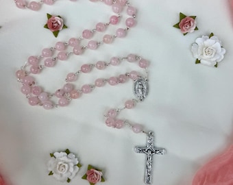 Natural Rose Quartz Catholic Rosary Beads | Miraculous Medal Crucifix Prayer Item