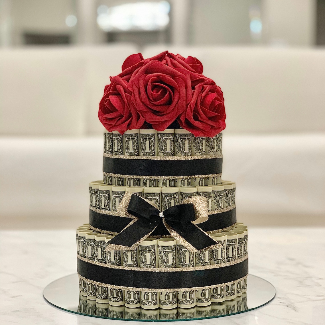 75 Dollar Money Cake 3 Tiered Black & Champagne image 0
