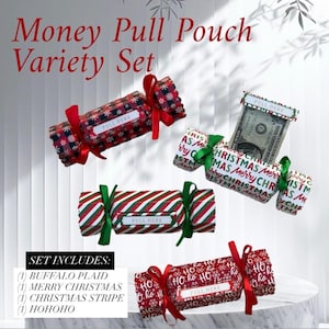 May include: A set of four cylindrical money pull pouches featuring festive designs including red and black buffalo plaid, green and red Christmas stripes, white with red and green Merry Christmas text, and red with white Ho Ho Ho text and ribbons.