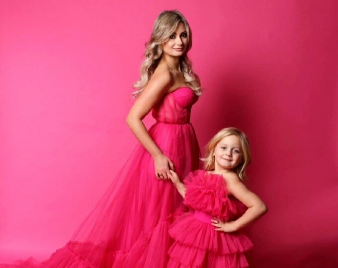 Trendy Tea-length Blue Pink Mother Daughter Matching Gowns MGD126 main image 1