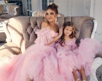 Mother daughter matching dress, Pink mommy and me outfits, Royal dresses First Birthday,  Ruffles Mother Daughter dresses, photo shoot gown