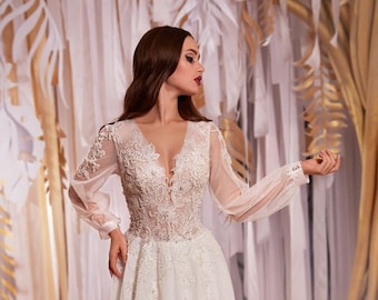 Long Sleeves Wedding Dress Romantic Lace Ivory Wedding Dress Tulle Bridal Gown A-line  Any  Size PLUS SIZE