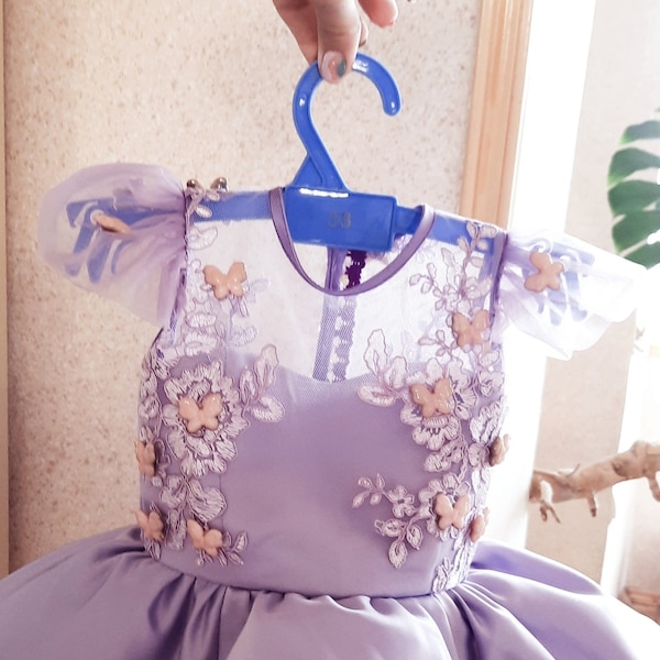 Birthday Dress, Purple Flower Girl Dress, Little Princess Dress, Lilac Flower Girl Dress Baby Birthday First Dress with butterfly satin