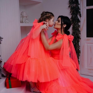Neon Orange Tulle Mother Daughter Matching Dresses, Ruffle Gowns, Dresses set