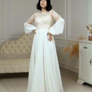 Boho wedding dress, Ivory chiffon wedding dress with long sleeves,  Lace wedding dress, Minimalism wedding dress A-line.