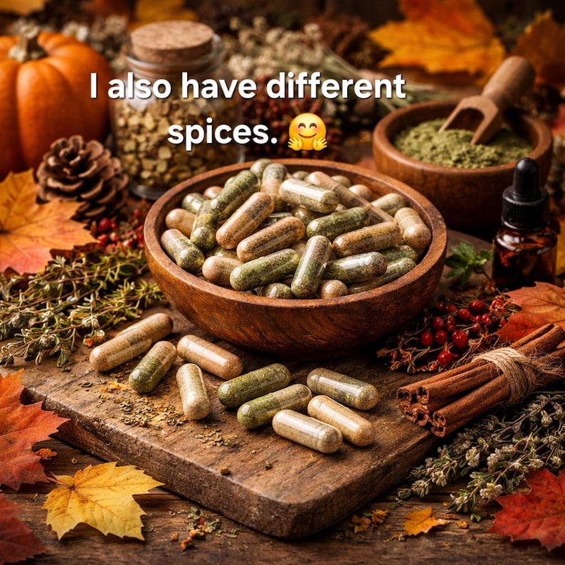 May include: A wooden bowl filled with capsules, some with green and brown contents, sits on a wooden cutting board. The text "I also have different spices" is visible. Cinnamon sticks, herbs, and a small bottle are also present.