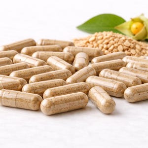 May include: A collection of light brown capsules, likely supplements, scattered on a white surface. A small pile of tan granules and a green leaf with a yellow flower are in the background, suggesting natural ingredients.