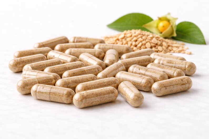 May include: A collection of light brown capsules, likely supplements, scattered on a white surface. A small pile of tan granules and a green leaf with a yellow flower are in the background, suggesting natural ingredients.