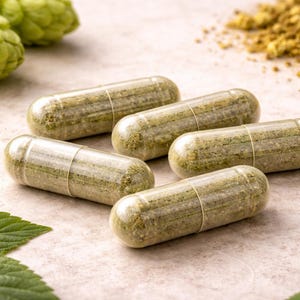 Può includere: Primo piano di cinque capsule verdi riempite con una polvere verde chiaro, disposte su una superficie chiara. Le capsule sono fissate con una fascia trasparente. Luppolo verde e foglie sullo sfondo suggeriscono un integratore naturale.