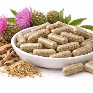 Può includere: Una ciotola bianca piena di capsule marrone chiaro, circondata da fiori di cardo mariano, radici essiccate e un mucchio di polvere. Le capsule sono al centro dell'immagine, suggerendo un prodotto per la salute o un integratore.