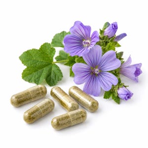 May include: Five clear gelatin capsules filled with a granular green herbal powder are arranged in front of a cluster of vibrant purple mallow flowers with green leaves, all set against a plain white background.