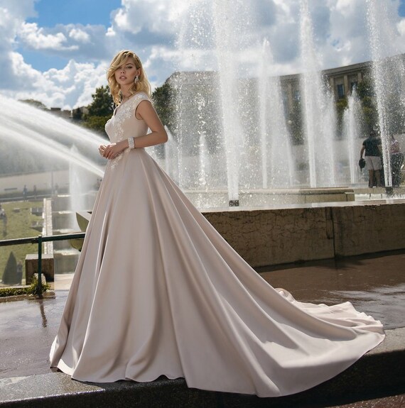 Cappuccino Wedding Dress Long Train Wedding Dress Lace Satin Etsy