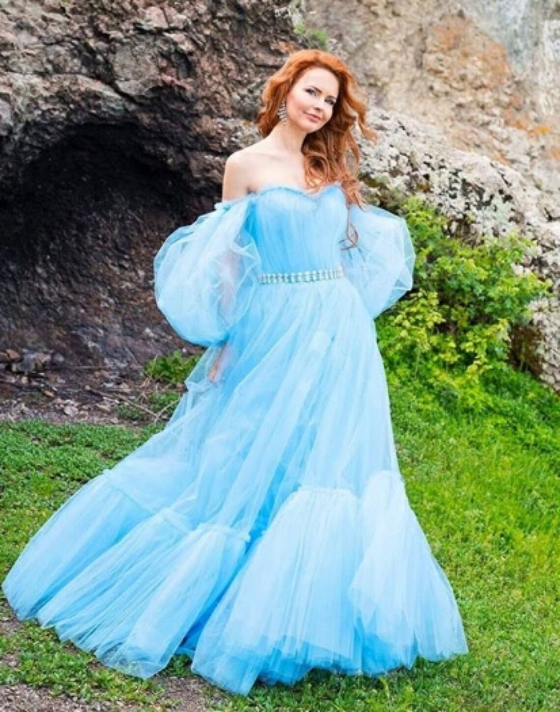 Blue Wedding Dress with Sleeves Tulle Blue Wedding Dress | Etsy