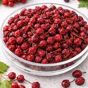 May include: A glass bowl brimming with dried, dark red berries. The berries have a wrinkled texture and small stalks. Some berries are scattered around the bowl, with green leaves in the background. The berries are a deep, rich red colour.