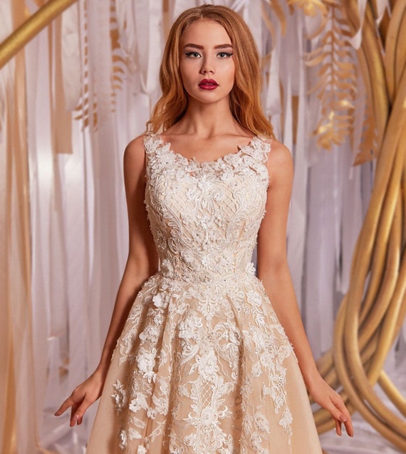 peach and white wedding dress