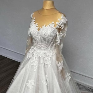 Ivory lace wedding dress with long sleeves,  Champagne bridal gown train,  corset wedding dress princess format Custom made wedding dresses