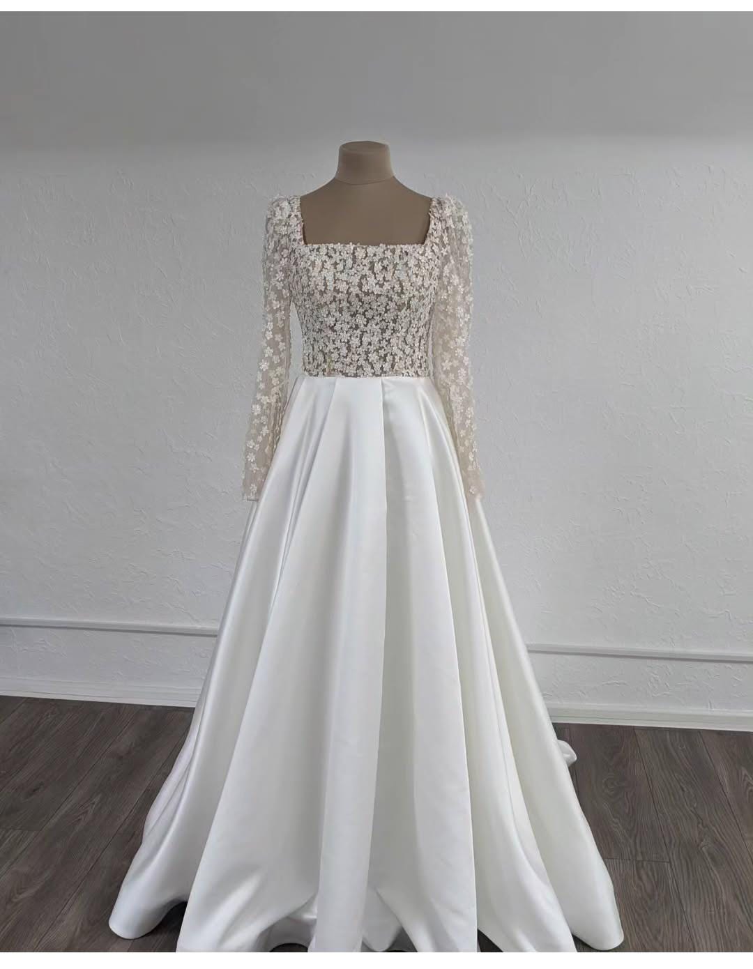 Vintage Layered Royal Satin Wedding Dress with Long Sleeves main image 1