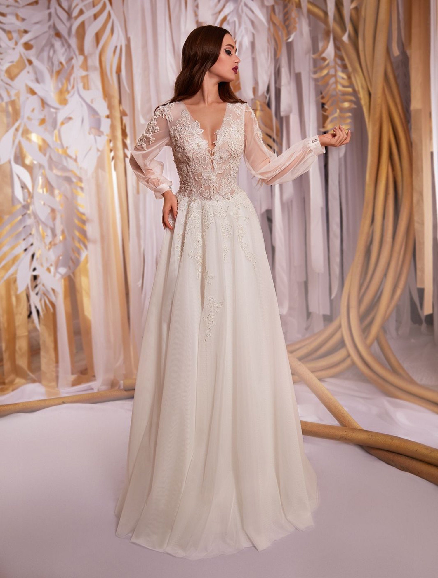 Lace Ivory Wedding Dress With Long Sleeves Classy Wedding Gown main image 0