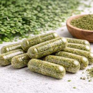 Peut inclure: Des gélules transparentes remplies de poudre verte sont disposées sur une surface claire. Un bol en bois rempli de poudre verte et un tas de poudre verte en vrac sont également présents. L'image évoque un thème de santé ou de compléments alimentaires.
