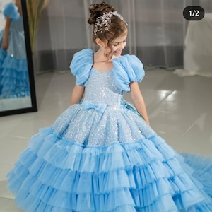 Sky blue flower girl dress, Luxury Blue Princess Dress for Girls | Tulle Pageant Gown with Train | Birthday, Photoshoot Outfit