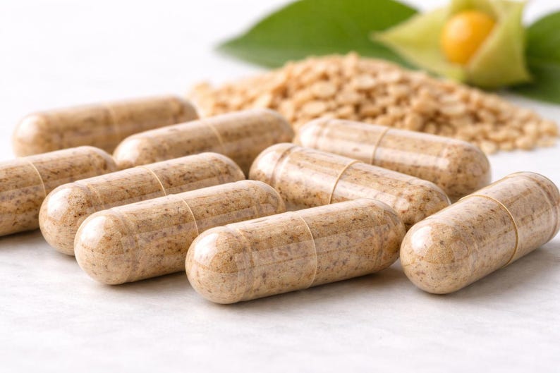 May include: Close-up of several light brown capsules, possibly supplements, arranged on a white surface. The capsules are cylindrical with a slightly textured appearance. In the background, there are small, tan granules and a green leaf.