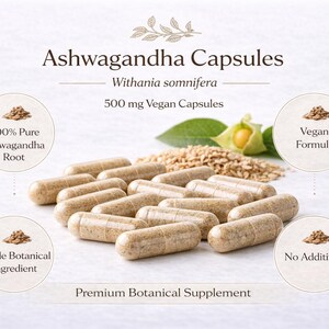 May include: An image of Ashwagandha Capsules, a premium botanical supplement. The capsules are beige and are displayed with the text "Ashwagandha Capsules" and "500 mg Vegan Capsules". The image also highlights "100% Pure Ashwagandha Root" and "Vegan Formula".