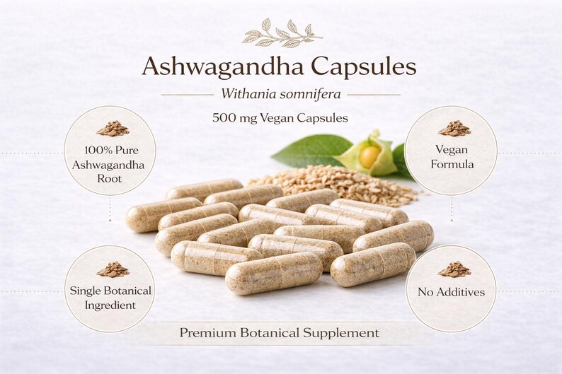 May include: An image of Ashwagandha Capsules, a premium botanical supplement. The capsules are beige and are displayed with the text "Ashwagandha Capsules" and "500 mg Vegan Capsules". The image also highlights "100% Pure Ashwagandha Root" and "Vegan Formula".