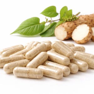 Könnte beinhalten: Ein Haufen hellbrauner Kapseln, wahrscheinlich Nahrungsergänzungsmittel, liegt im Vordergrund. Dahinter befinden sich Stücke einer hellbraunen Wurzel, möglicherweise Yamswurzel, mit grünen Blättern. Das Bild ist vor weißem Hintergrund.